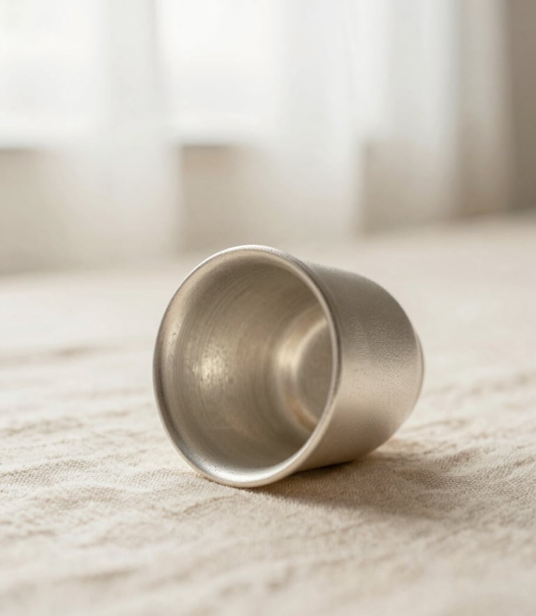 Macro detail shot of a delicate silver baby cup resting on textured linen under soft morning window light, shallow depth of field