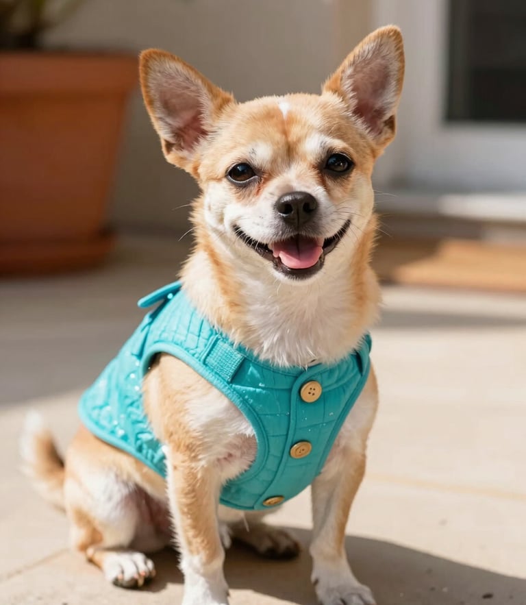 A happy small dog wearing a vibrant turquoise woven vest, sitting comfortably on a sunny patio, warm natural daylight, 35mm