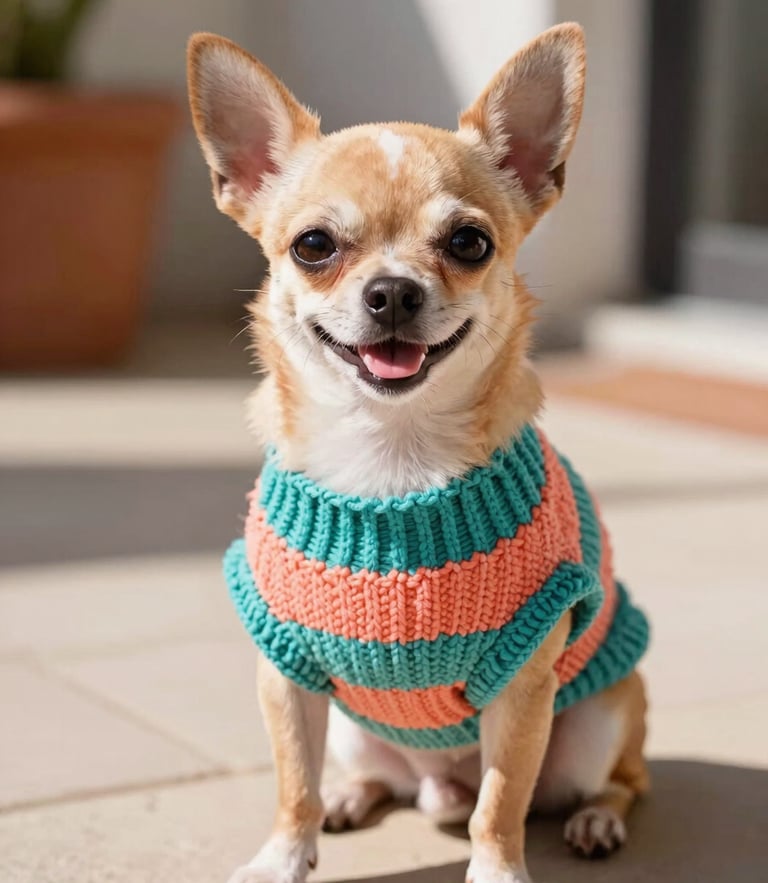 A happy small chihuahua wearing a colorful hand-woven turquoise sweater, sitting in warm natural sunlight on a patio, close-up shot, 35mm