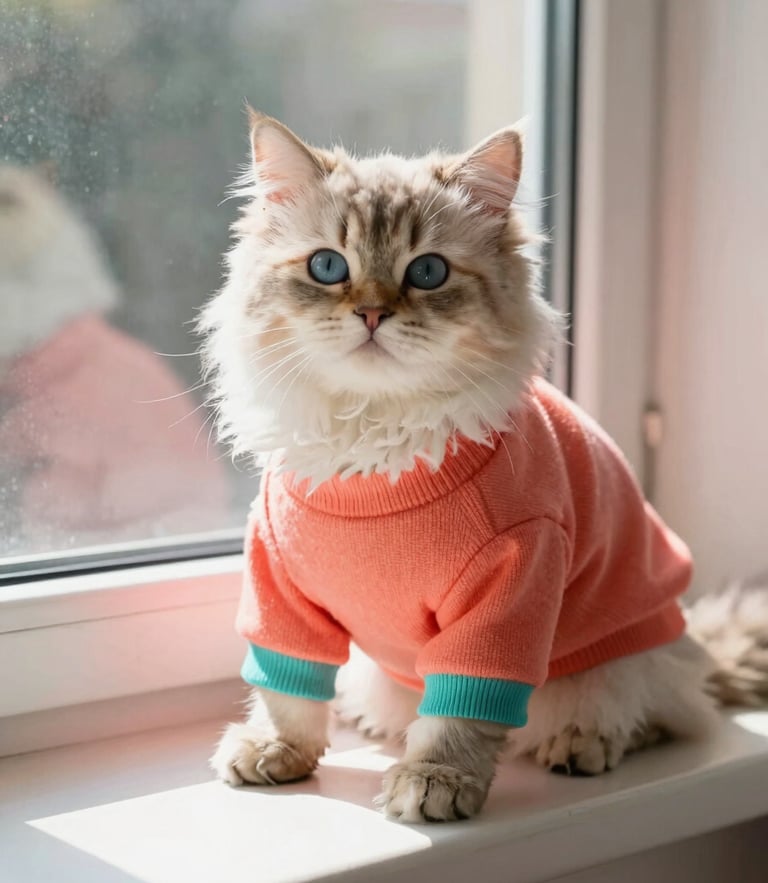 Warm editorial portrait of a fluffy cat wearing a perfectly fitting custom-made coral sweater, resting comfortably on a sunny window sill, shallow depth of field