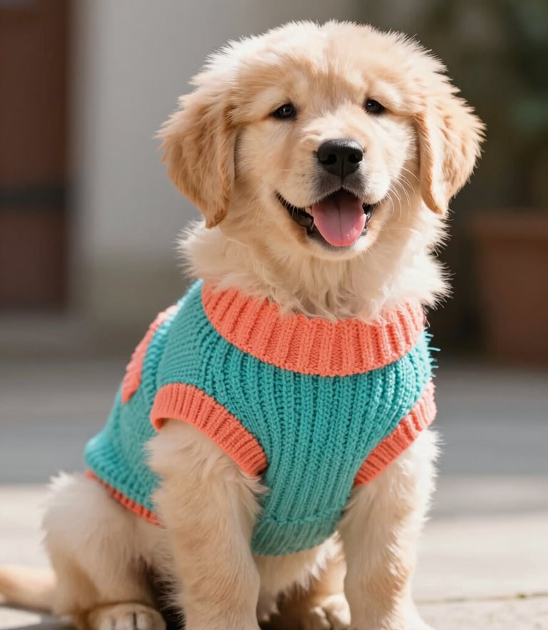 A happy small golden retriever puppy sitting comfortably wearing a colorful hand-woven turquoise pet sweater, warm natural daylight, shallow depth of field