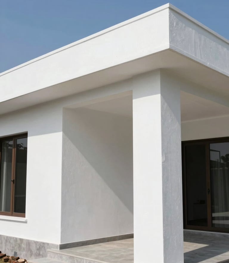 Close-up of a modern Indian villa terrace with flawless white waterproof coating under bright natural daylight, sharp focus