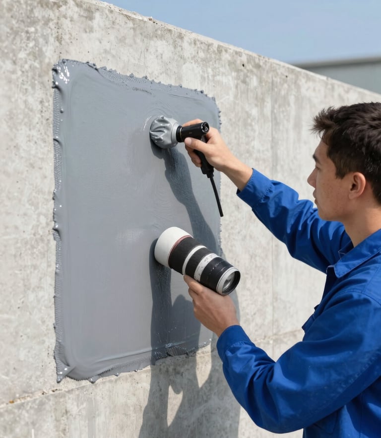 Professional industrial photography of a technician applying a gray multi-layer waterproofing chemical barrier to a concrete wall, bright natural daylight, 35mm lens