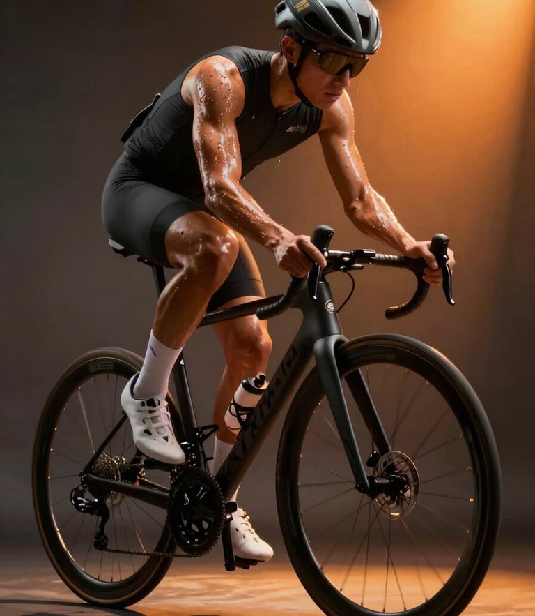 Low-angle dynamic shot of an indoor cyclist sweating under dramatic orange spotlighting, dark studio background, high-intensity motion blur on the wheels.