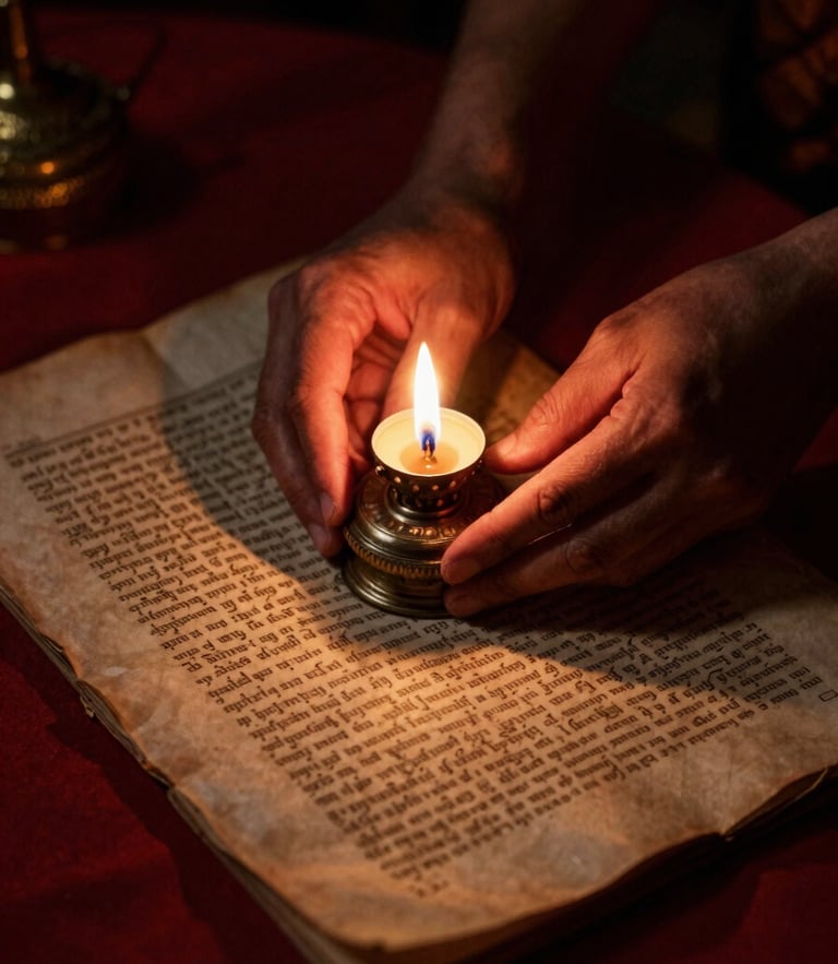 Low-key dramatic close-up of hands holding an ancient palm-leaf manuscript over a glowing oil lamp, deep shadows, rich vermillion tones, 35mm
