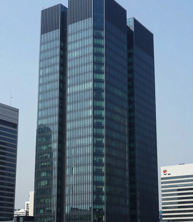 Modern high-rise corporate headquarters in Jakarta during bright clear daylight, architectural scale, professional editorial photography