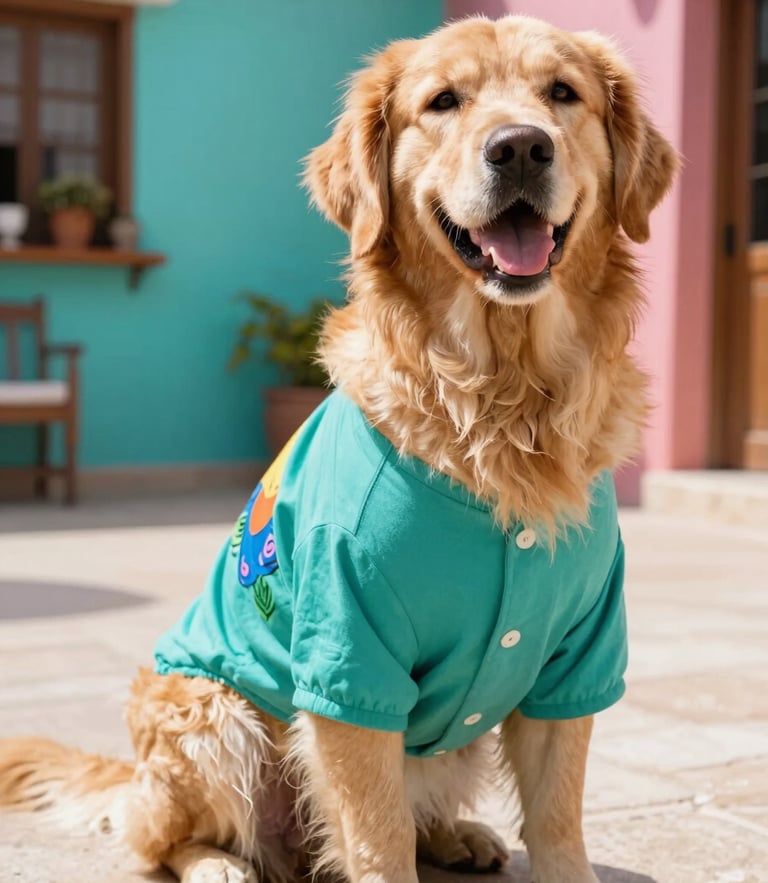 A happy golden retriever wearing a colorful handcrafted teal shirt, sitting on a sunny Mexican patio, vibrant pet photography, bright natural daylight, 35mm lens