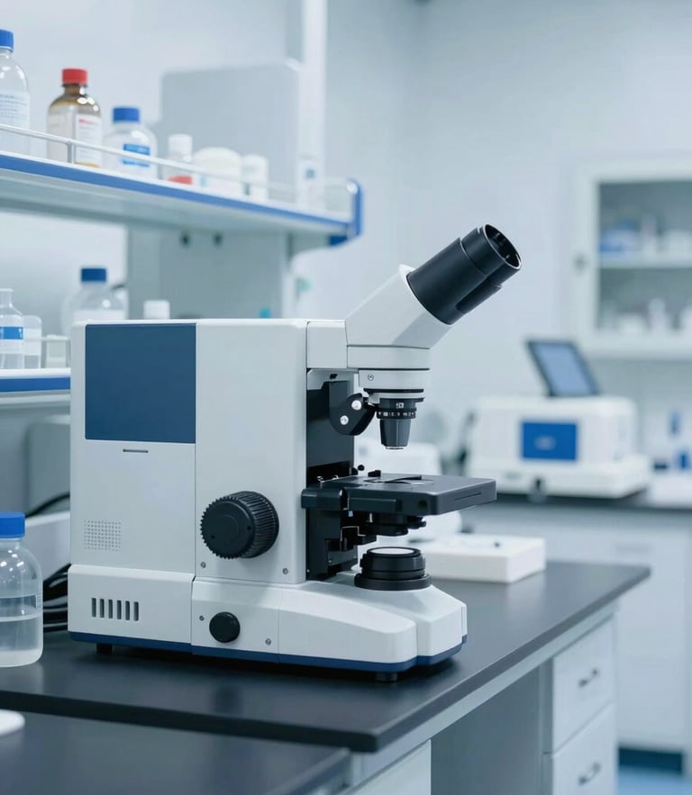 A clean laboratory interior with high-complexity testing equipment, bright cool daylight, sterile white and blue tones, sharp focus.