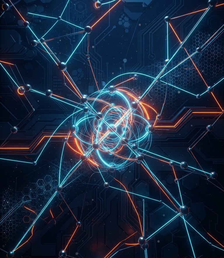 Sleek dark-mode 3D render of abstract digital network nodes glowing with electric cyan and vibrant orange neon rim lights, deep navy background, clean geometric circuit patterns, octane render, portrait framing.