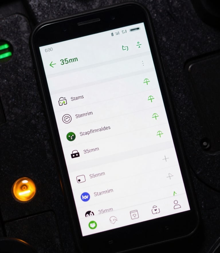 High-contrast macro photography of a rugged Android phone displaying a clean terminal interface, sharp focus on screen, glowing green highlights, dark industrial background, 35mm