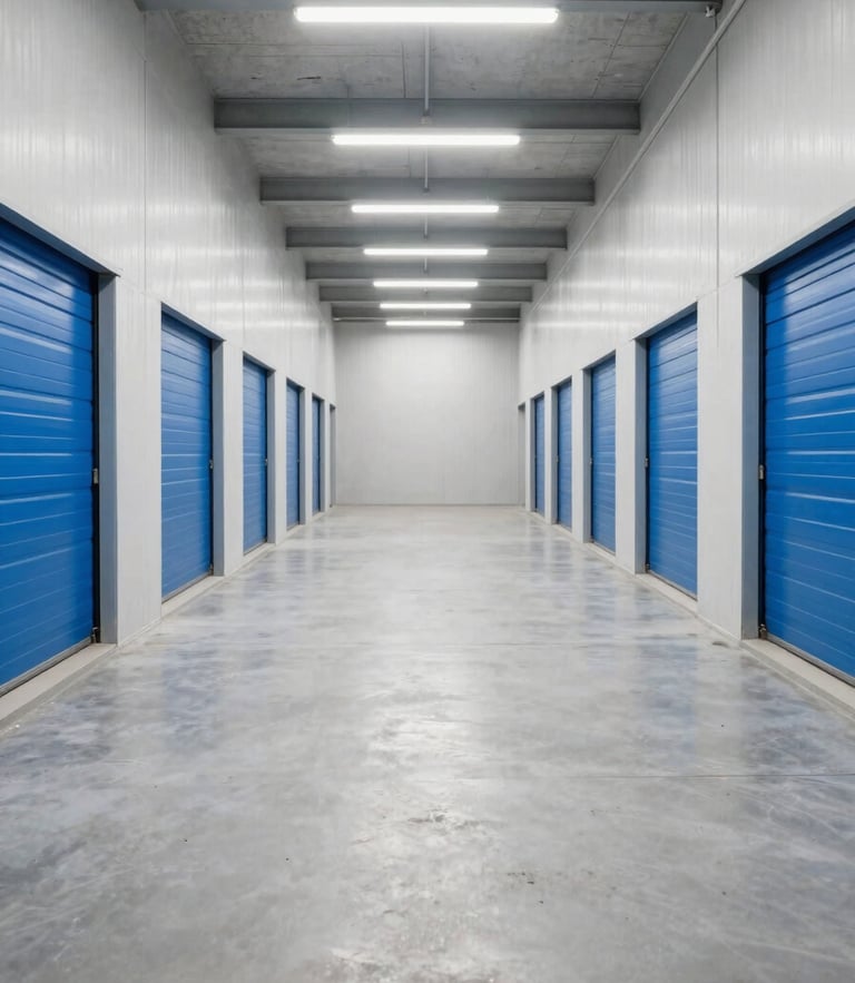 Symmetrical wide-angle shot of a clean, bright industrial warehouse corridor with uniform blue storage unit doors under crisp overhead lighting.