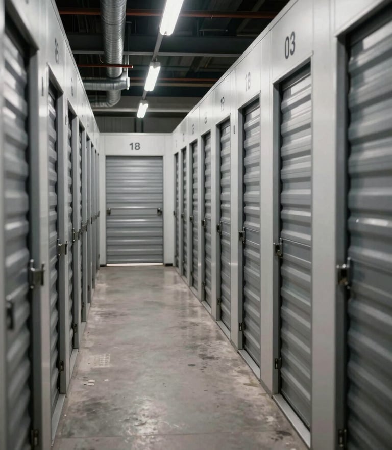 Clean, modern self-storage corridor with numbered units and secure metal doors under cool indoor lighting, sharp perspective.