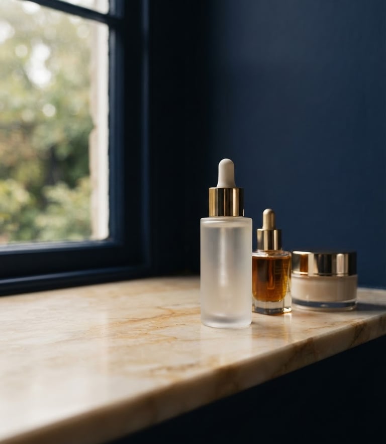 Pristine luxury cosmetic bottles on a warm marble ledge, soft morning window light, deep royal navy shadows, 50mm editorial photography