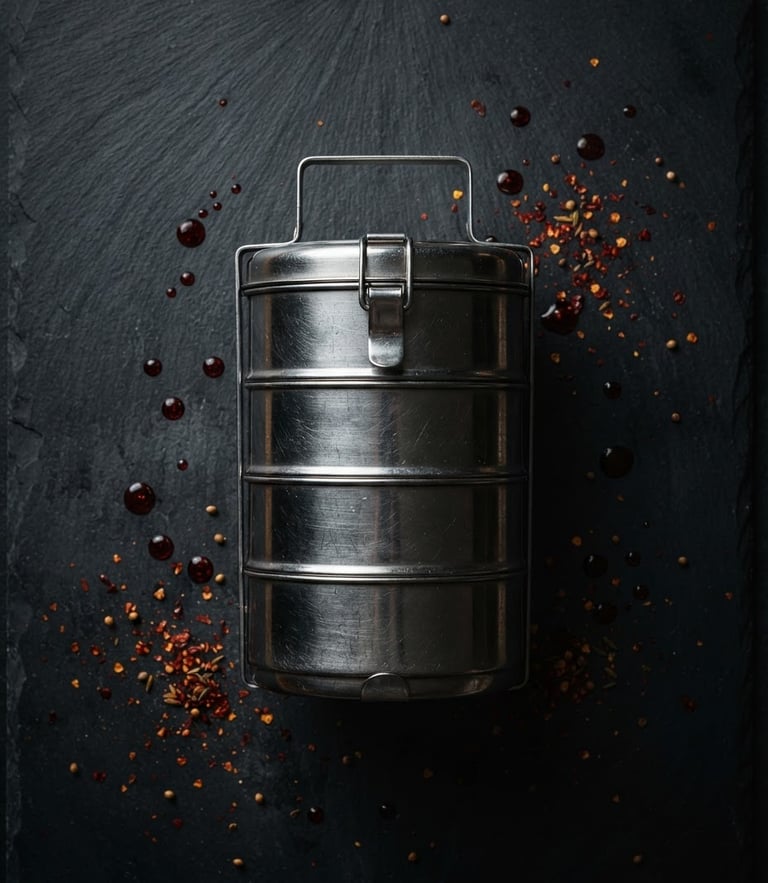 Overhead flat-lay of stacked stainless steel tiffin carriers on a dark slate surface, dramatic low-key lighting, deep crimson chili oil droplets nearby