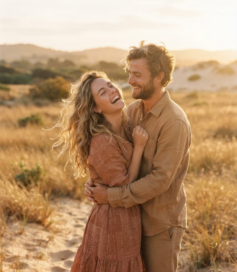 Cinematic portrait of a couple laughing candidly in a golden-hour field, warm sun-drenched backlighting, wind-blown hair, soft sand and terracotta tones, 35mm film look.