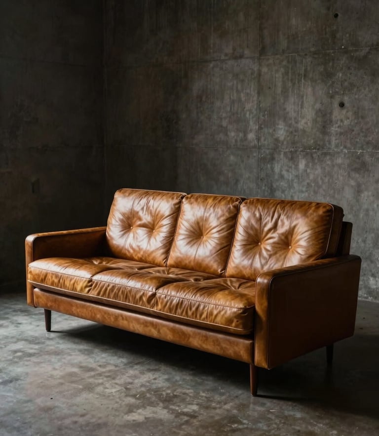 Portrait shot of a restored mid-century modern leather sofa in a dark architectural concrete room, low-key directional lighting highlighting gold leather grain, dramatic shadows