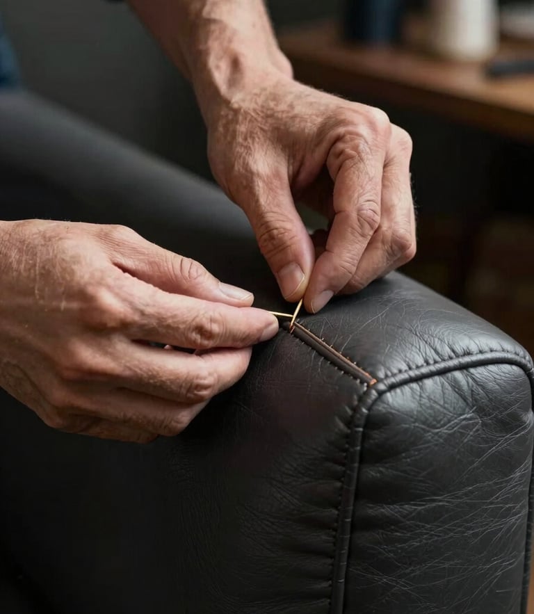 Cinematic close-up of artisan hands stitching a deep charcoal leather sofa seam, soft golden directional studio lighting highlighting the rich leather texture and precise thread lines, dark atmospheric workshop background, shallow depth of field.