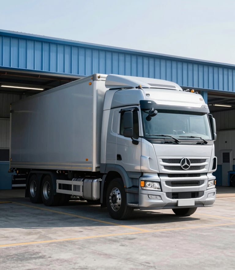 A clean, modern transport truck parked in a bright early morning sun loading bay, cool blue and silver tones, crisp commercial photography