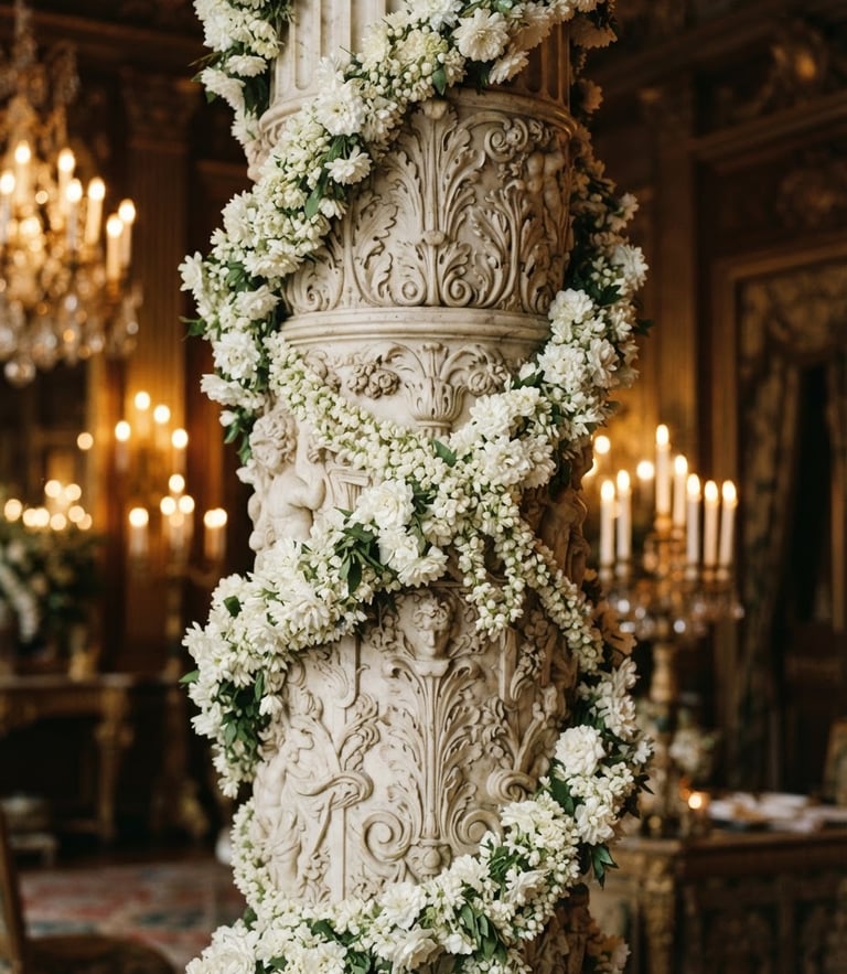 A majestic close-up of a carved marble pillar draped in fresh white marigolds, warm golden candlelight glowing in the background, luxury editorial photography.