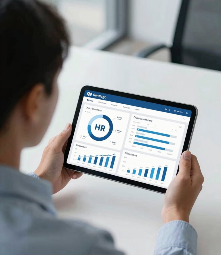 Over-the-shoulder view of a corporate professional analyzing clean HR dashboards on a tablet, bright Santiago office daylight, cool blue tones, 35mm
