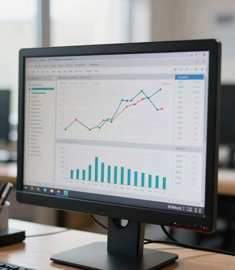 Close-up of a clean financial dashboard showing utilization metrics on a physical monitor in a bright, natural-lit studio space.