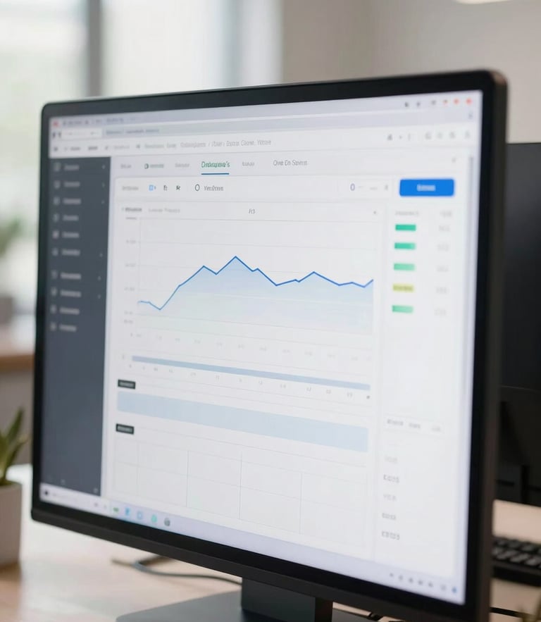 A close-up of a clean digital interface showing a financial dashboard on a physical screen, bright natural indirect daylight with soft shadows, minimalist office setting.