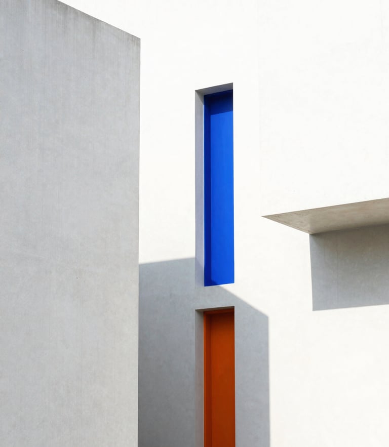 Bright high-key architectural photography of modern concrete structures with sharp geometric shadows, vivid blue accents, 35mm