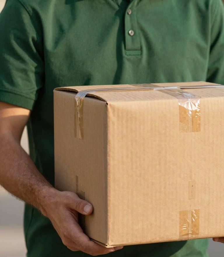 Close-up of a professional courier in a dark green uniform holding an unmarked, thick brown paper package, warm golden hour light, shallow depth of field.
