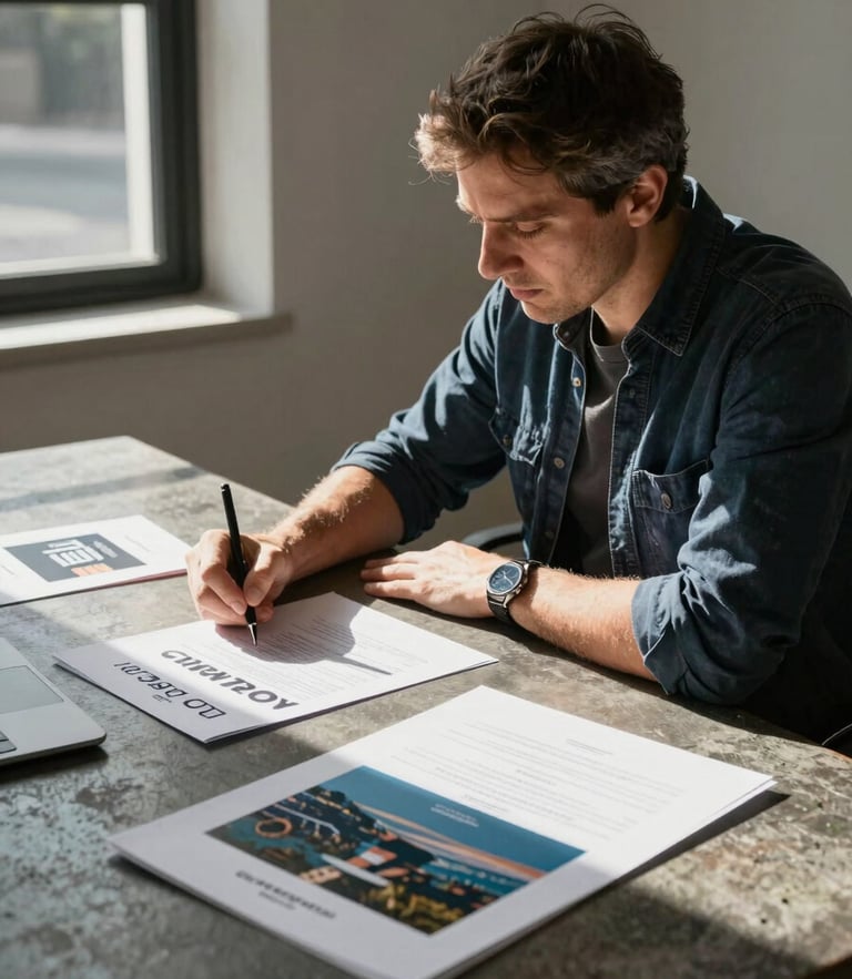 Candid editorial portrait of a founder looking at physical brand collateral on a dark concrete table, sharp late-afternoon sunlight cutting through a window, deep shadows.