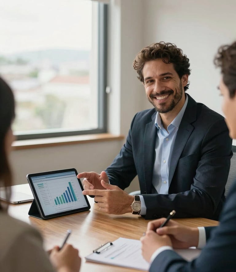 A warm, bright modern Brazilian office meeting room. A professional financial advisor sits calmly at a table, smiling reassuringly, gesturing toward a tablet screen showing clear graphs. Soft natural light filters through a large window.