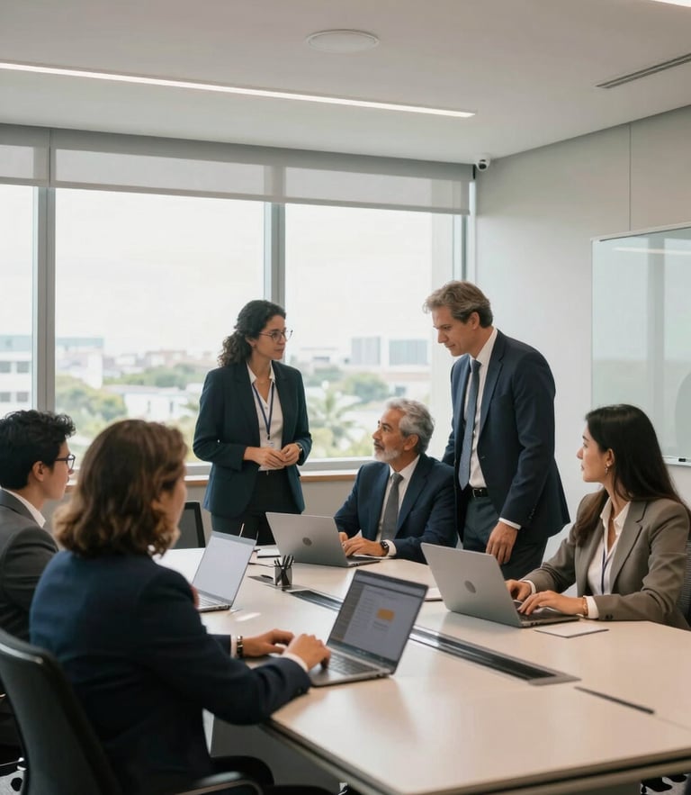Medium-wide environmental shot of a bright, modern corporate boardroom in Brazil, natural daylight filtering through large windows, professionals collaborating around a clean table, professional and stable atmosphere.