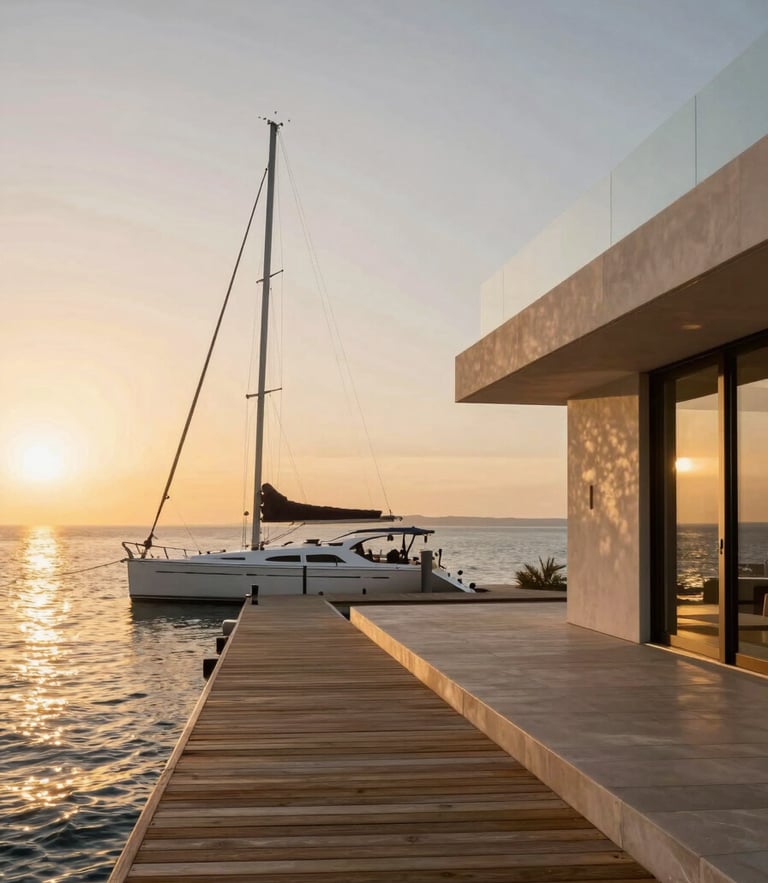 Wide-angle architectural rendering of a minimalist villa deck in Paracas at sunset, a sleek sailboat docked alongside a private wooden pier, golden hour warm light reflecting on the calm bay water.
