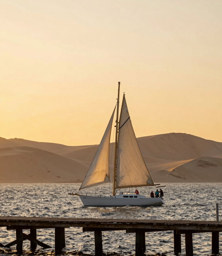 Vista vertical de la bahía de Paracas al atardecer, un velero moderno con velas recogidas flotando junto a un muelle privado de madera, el desierto de fondo bajo una luz dorada y cálida.