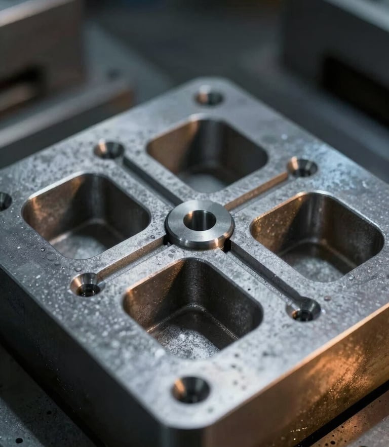 Macro close-up of a high-precision investment casting mold showing intricate geometric tolerances, cool steel gray and blue-toned ambient workshop light