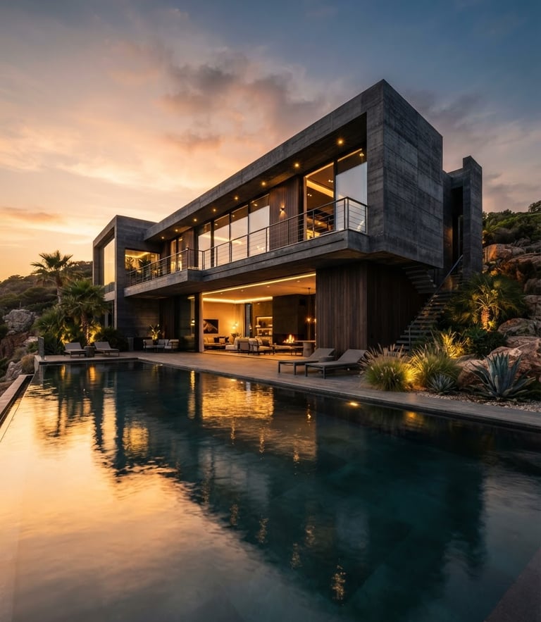 An ultra-wide low-angle shot of a luxury modern concrete and glass villa facade at golden hour, deep charcoal shadows, warm gold light reflecting on water, architectural photography