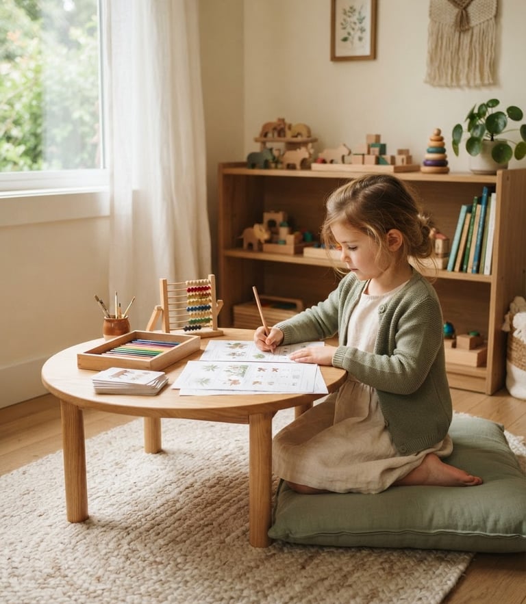 A cozy homeschool learning nook with wooden toys, soft sage green cushions, and printed worksheets neatly arranged on a low table, warm natural daylight.