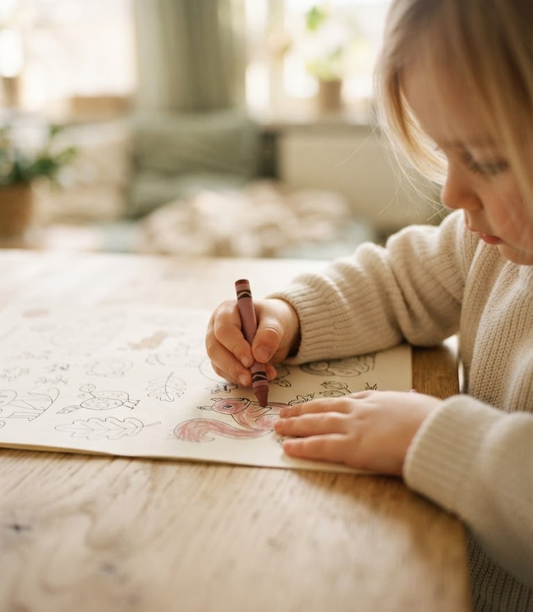 Hands of a young child gently coloring a paper worksheet on a light wooden table, soft natural morning light, shallow depth of field, warm Scandinavian aesthetic