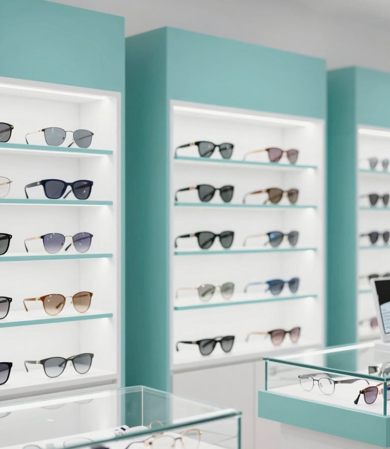 Bright premium optical showroom interior with clean display cases of designer glasses, soft teal accents, daylight, 50mm lens