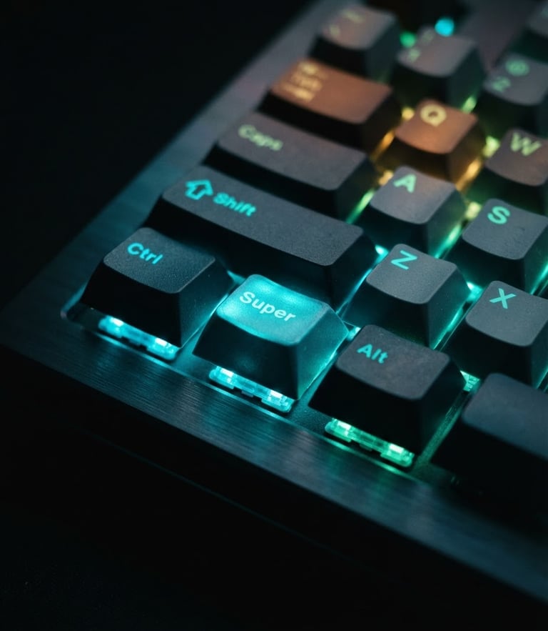 Macro shot of a mechanical keyboard in a dark room with neon cyan and green backlighting, focused on the control keys, shallow depth of field