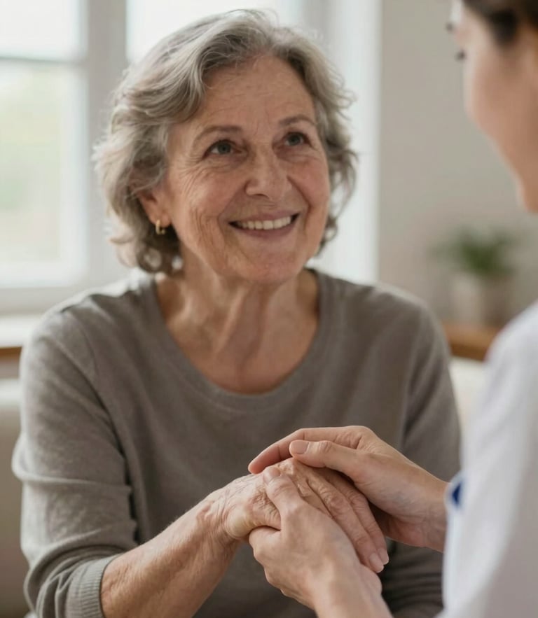 A warm, natural light medium close-up of an elderly woman smiling as a caregiver gently holds her hand, shallow depth of field, authentic, soft focus
