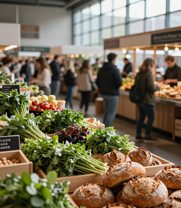 Wide-angle environmental shot of a vibrant modern food market, soft natural light streaming through high windows, blurred crowds moving between wooden stalls, fresh herbs and artisanal bread in the foreground.