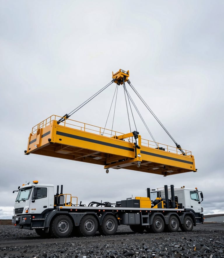 Low-angle wide shot of a heavy crane truck with outriggers fully extended on gravel, stabilizing a massive load under overcast Icelandic skies.