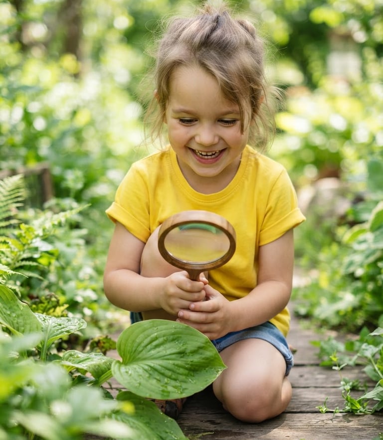 A smiling child in a bright yellow shirt holding a magnifying glass over a green leaf, cheerful natural daylight, shallow depth of field