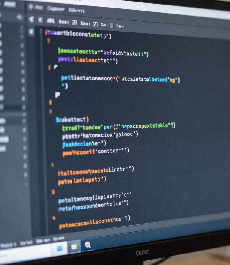 Macro close-up of clean, structured code displayed on a high-resolution development monitor, cool blue and slate gray tones, sharp focus, neutral daylight.