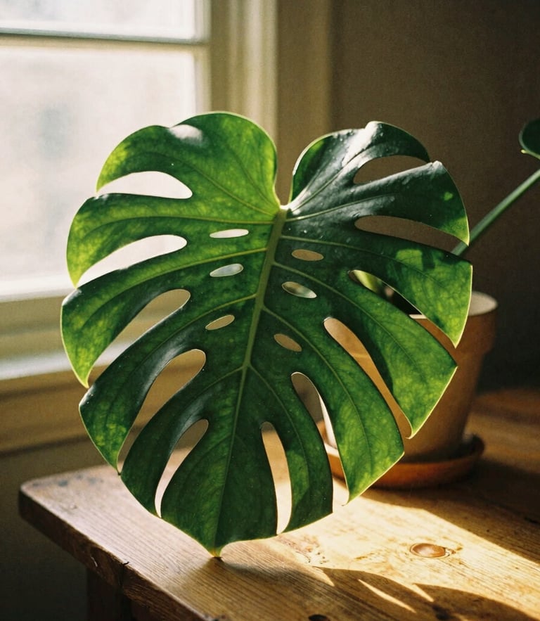 Warm editorial portrait of sunlit indoor plants on a rustic wooden table with soft golden-hour window light, rich green monstera leaves, 35mm film style