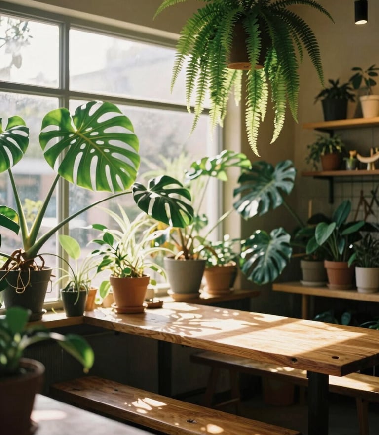 A bright, sunlit botanical boutique interior with lush monsteras, hanging ferns, and warm wooden tables under soft golden-hour window light, 35mm film.