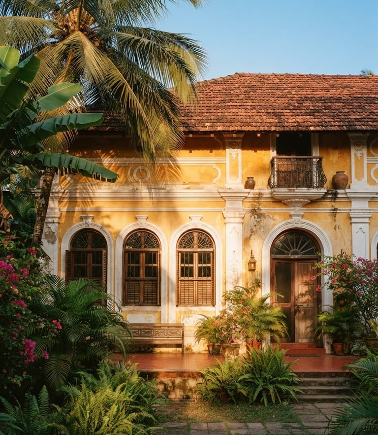 Warm 35mm film photo of a restored Indo-Portuguese villa facade in Goa, terracotta roof tiles, arched windows, golden hour sunlight filtering through palm leaves.