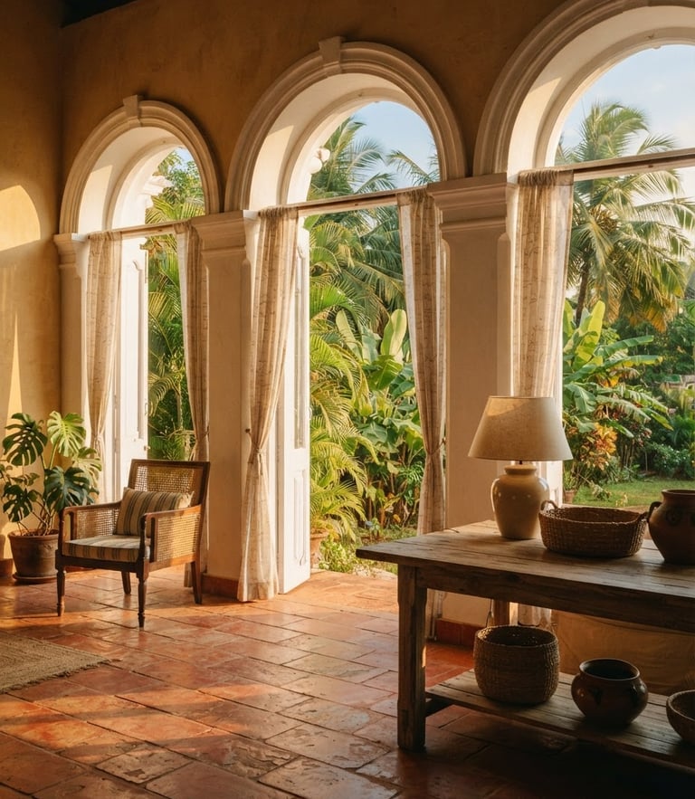 Warm editorial photograph of a sun-drenched Goan villa interior, open arched windows with palm leaves swaying outside, terracotta tiles, golden hour sunlight creating soft shadows, 35mm film aesthetic
