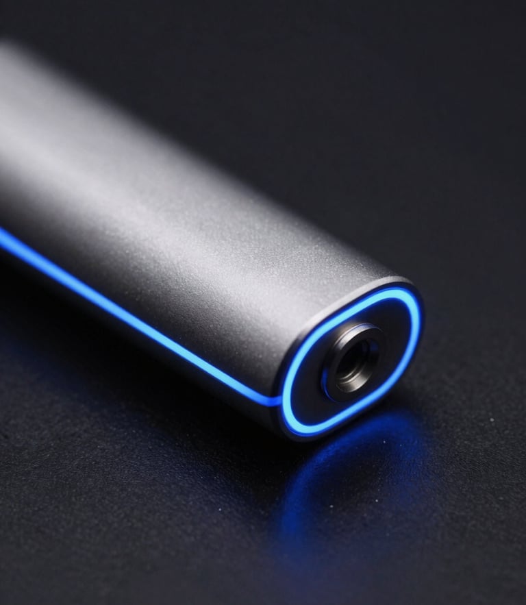 Macro close-up of a sleek metallic vape device with electric blue neon edge-lights on a dark reflective surface, studio lighting