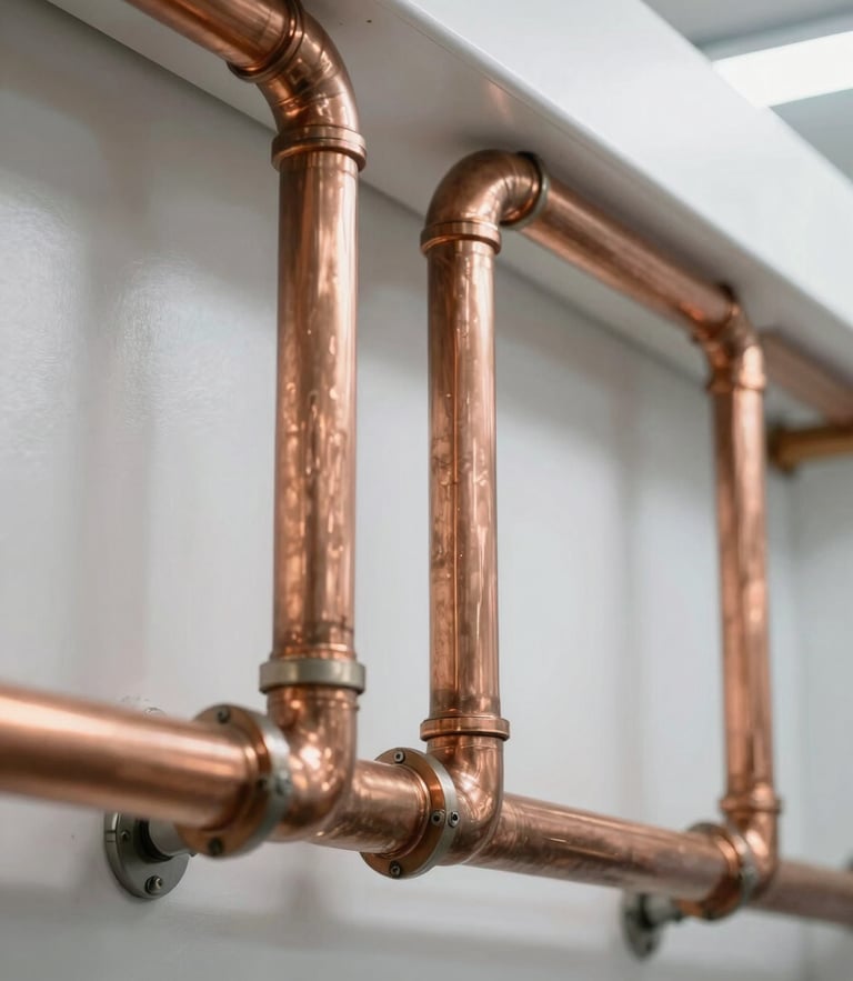 Macro detail of immaculate copper piping installations inside a high-end utility room, bright clinical white lighting, technical precision